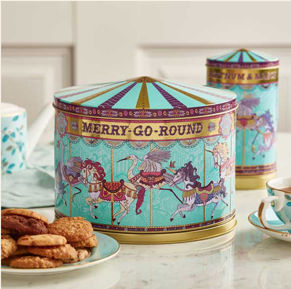 Large musical carousel biscuit tin with background